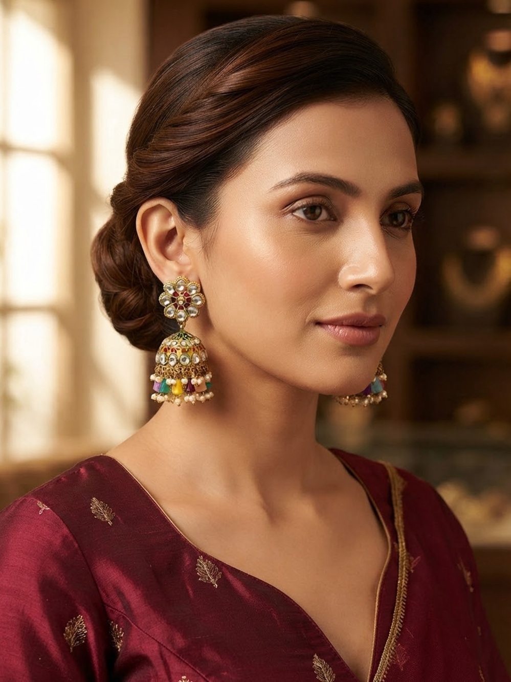 Multicolor Kundan Jhumka Earrings with Pearl Tassels - Women Jewelry